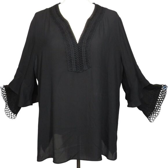Sioni Black Georgette Flowy Crochet Trimmed V Neck Blouse Size XL - Picture 3 of 7